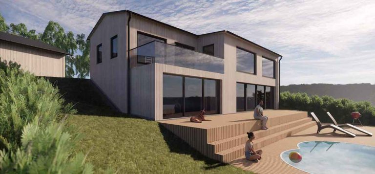 Arkitektritad villa, exceptionell sjöutsikt och pool, träbyggnation, stora solskyddade glaspartier, återvunnen aluminium