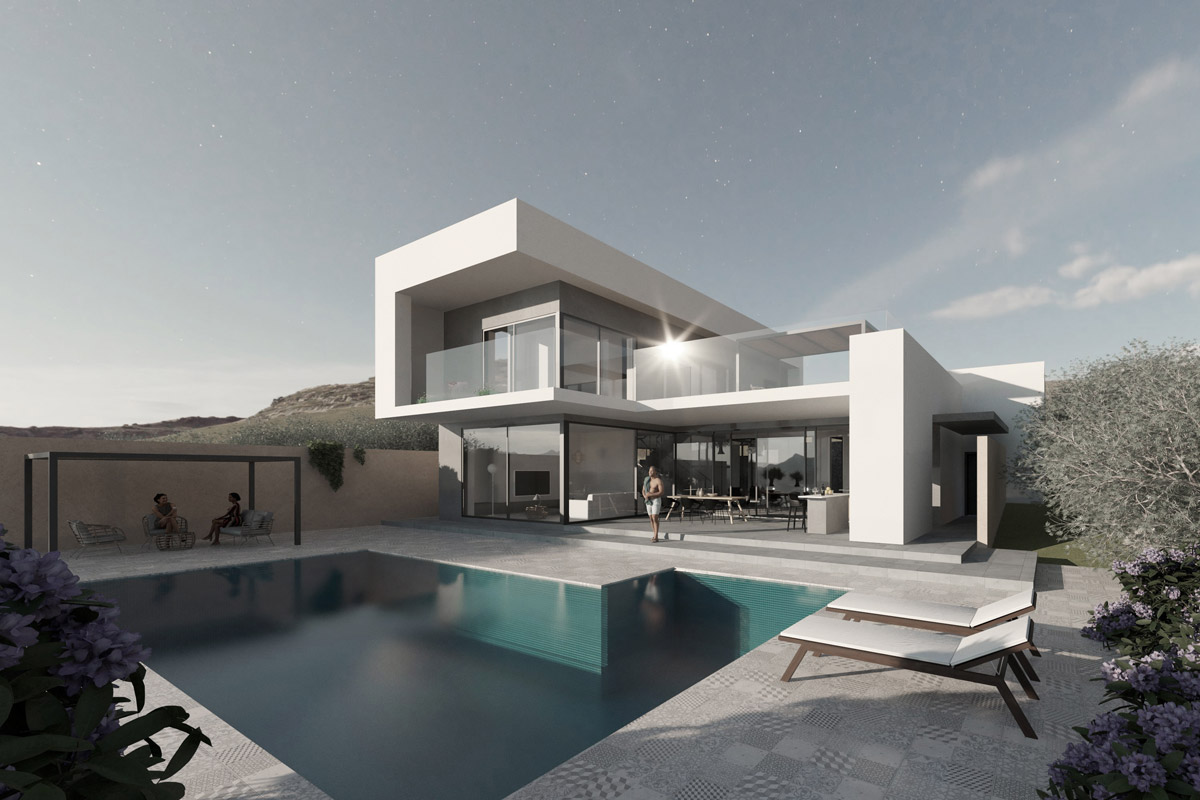Villa, Aten, Riviera, olivlund, bioklimatisk, klimatsmart villa, naturmaterial
